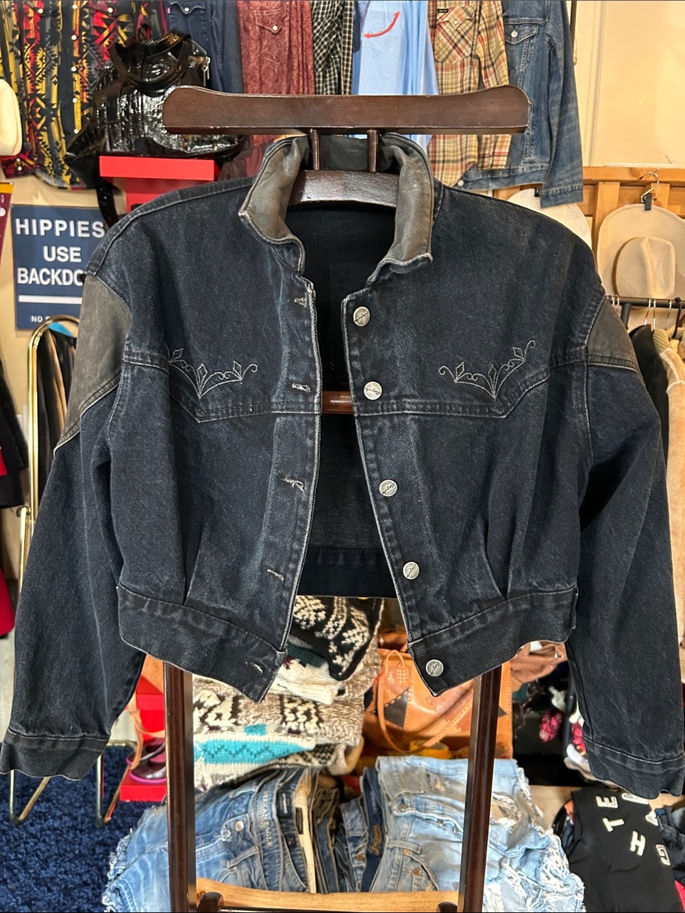 Vintage cropped dark Blue and Black Denim Jean Jacket - Galaxy Garments Label